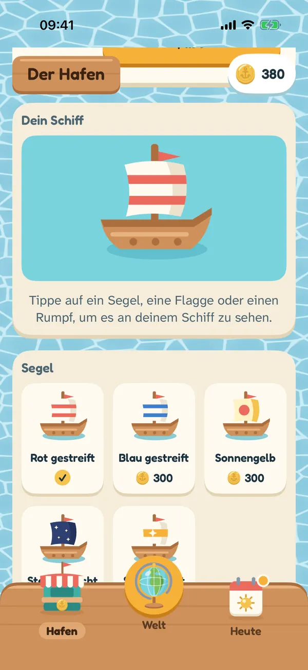 Der Hafen, wo du ein Segel für dein Schiff aussuchst, etwa Rot gestreift, Blau gestreift oder Sonnengelb.