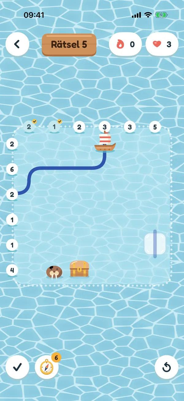Ein Rätsel im Eismeer, mit einem Walross, einem Eisberg und einem gefrorenen Routenstück.