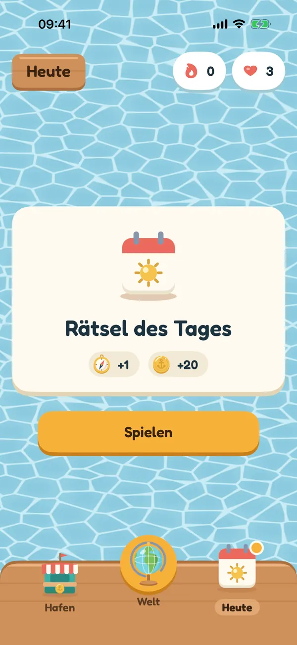 Das Rätsel des Tages, mit einem Kompass und zwanzig Münzen als Belohnung und dem Button Spielen.