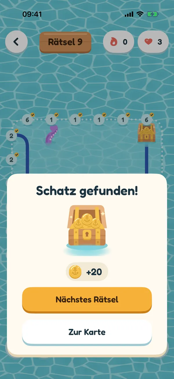 Schatz gefunden: eine offene Truhe voller Gold und zwanzig verdiente Münzen, mit einem Button zum nächsten Rätsel.