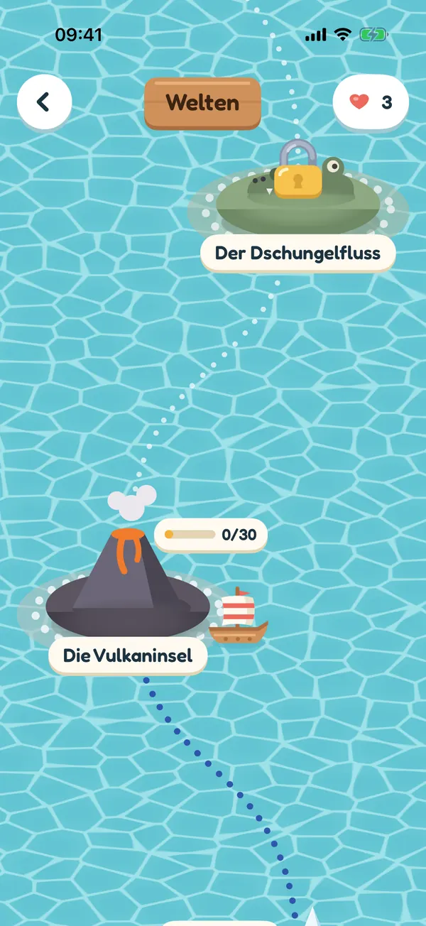 Die Karte der Welten, auf der die Vulkaninsel und der noch gesperrte Dschungelfluss durch eine gepunktete Linie verbunden sind.
