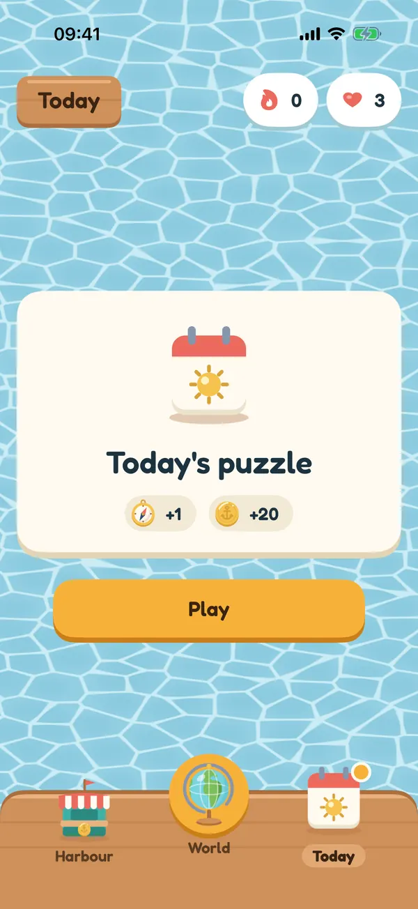 Today's puzzle, with a compass and twenty coins to earn and a Play button.