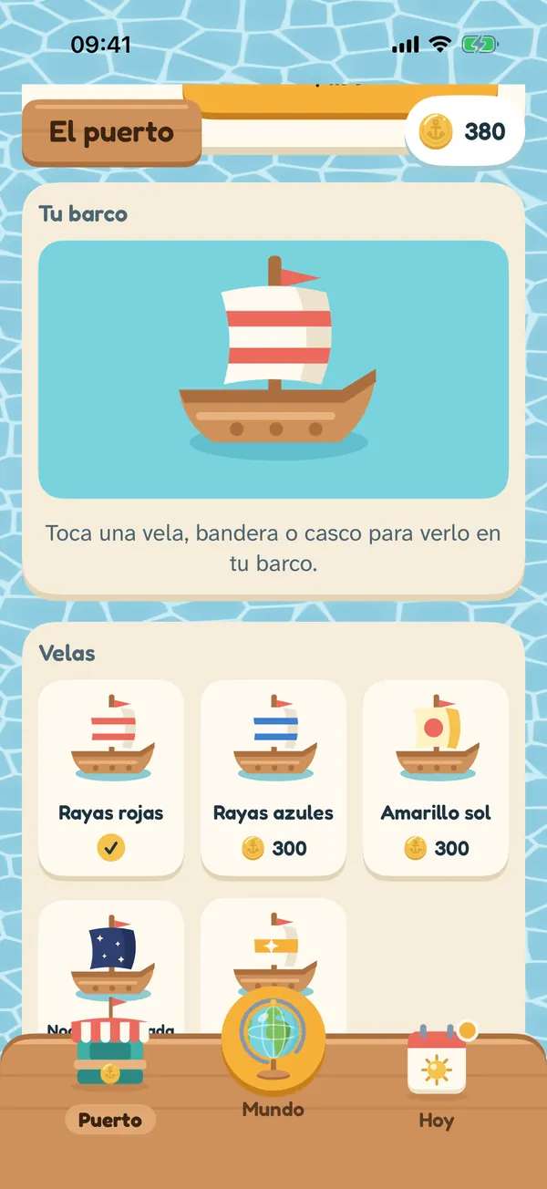 El puerto, donde eliges una vela para tu barco, como rayas rojas, rayas azules o amarillo sol.
