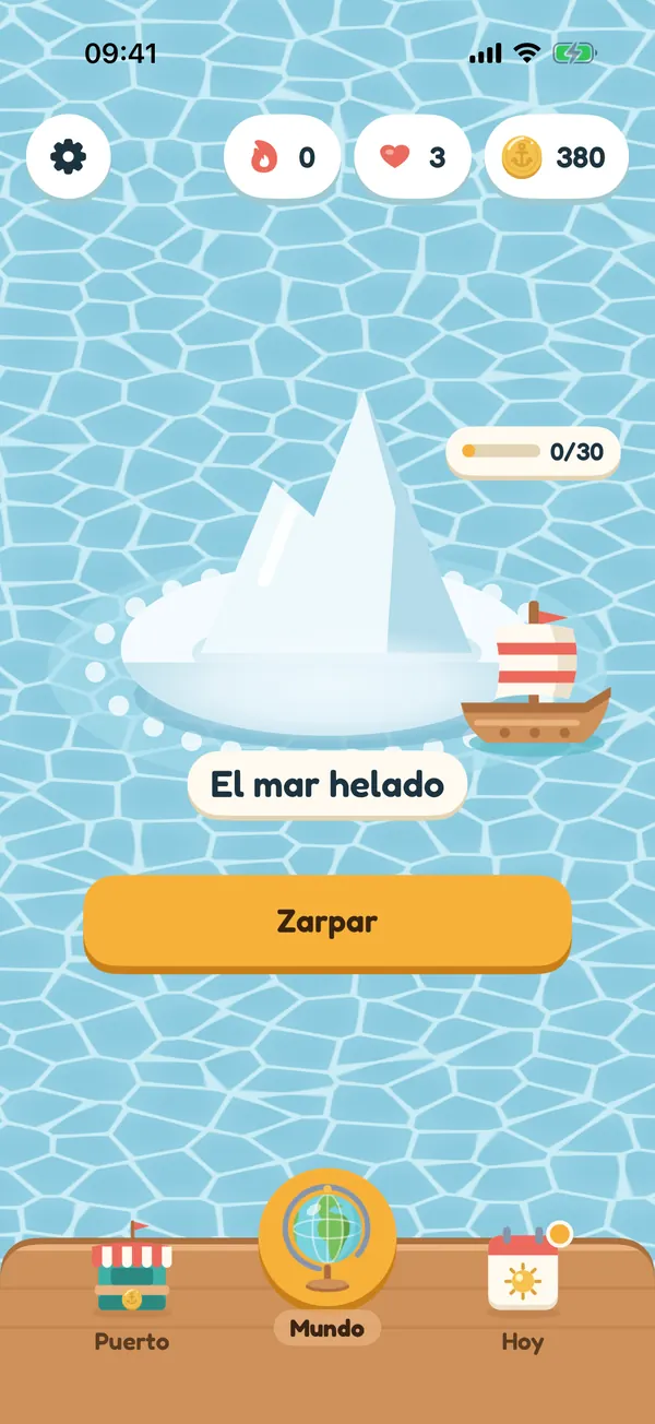La pantalla de inicio con la isla del mar helado, un botón Zarpar y las pestañas Puerto, Mundo y Hoy.