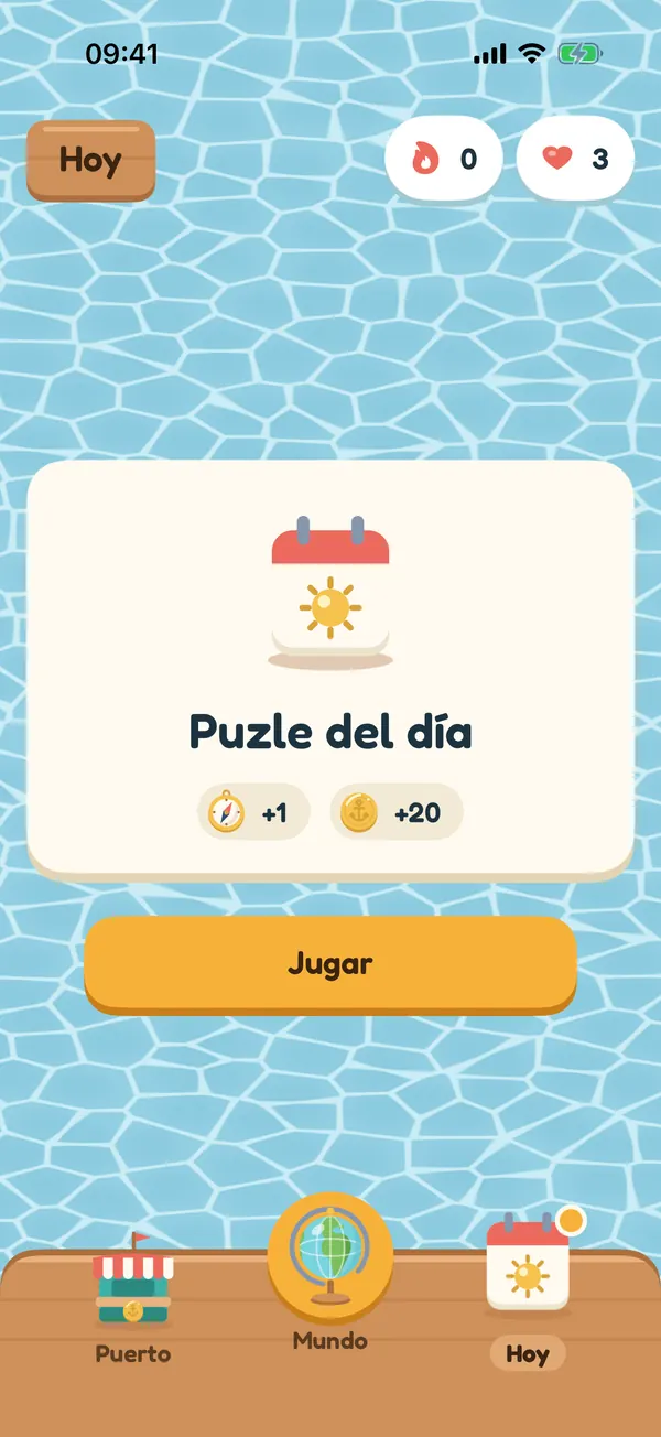 El puzle del día, con una brújula y veinte monedas por ganar y un botón Jugar.