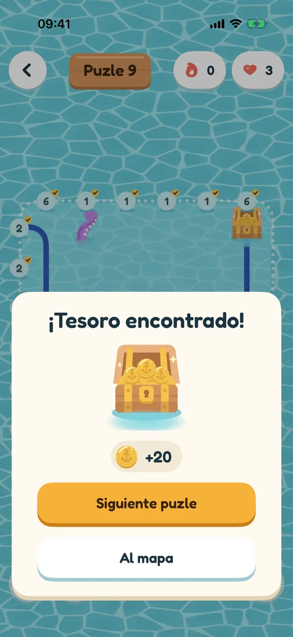 Tesoro encontrado: un cofre abierto lleno de oro y veinte monedas ganadas, con un botón para pasar al siguiente puzle.