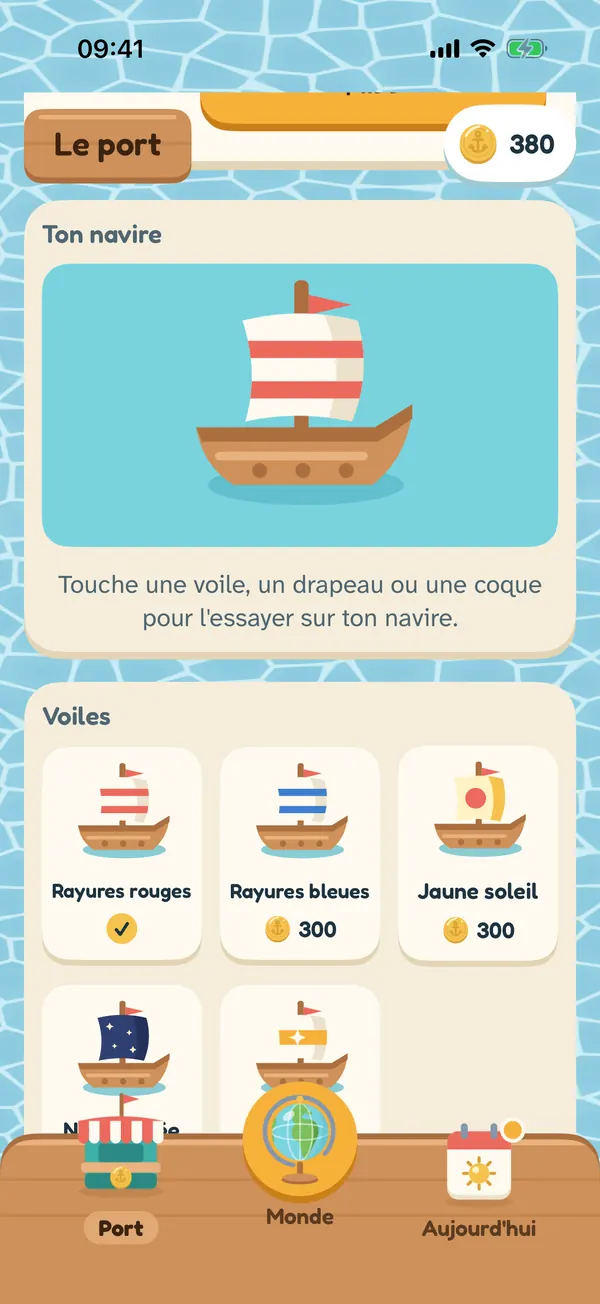 Le port, où tu choisis une voile pour ton navire, comme Rayures rouges, Rayures bleues ou Jaune soleil.