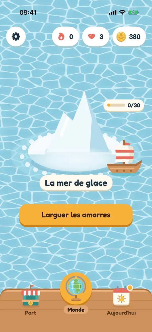 L'écran d'accueil avec l'île de la mer de glace, un bouton Larguer les amarres et les onglets Port, Monde et Aujourd'hui.