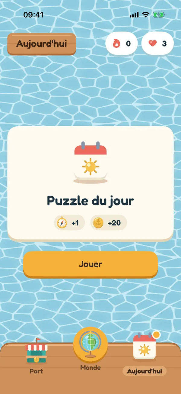 Le puzzle du jour, avec une boussole et vingt pièces à gagner et un bouton Jouer.