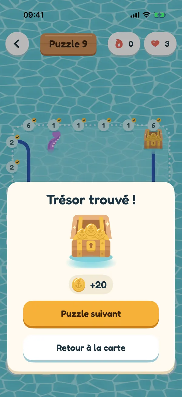 Trésor trouvé : un coffre ouvert rempli d'or et vingt pièces gagnées, avec un bouton vers le puzzle suivant.
