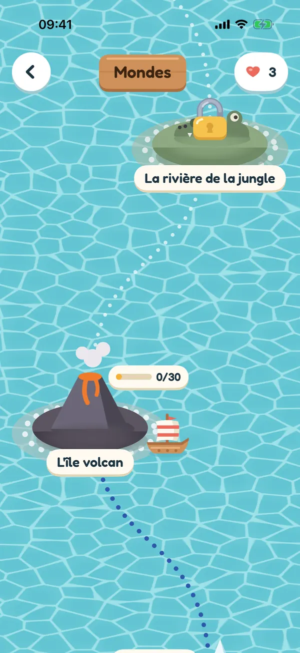 La carte des mondes, avec l'île volcan et la rivière de la jungle encore verrouillée, reliées par une ligne pointillée.