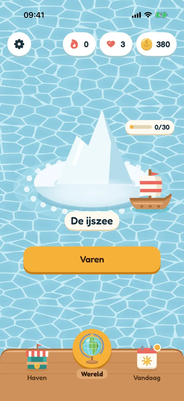 Het beginscherm met het eiland van de ijszee, een knop Varen en de tabs Haven, Wereld en Vandaag.