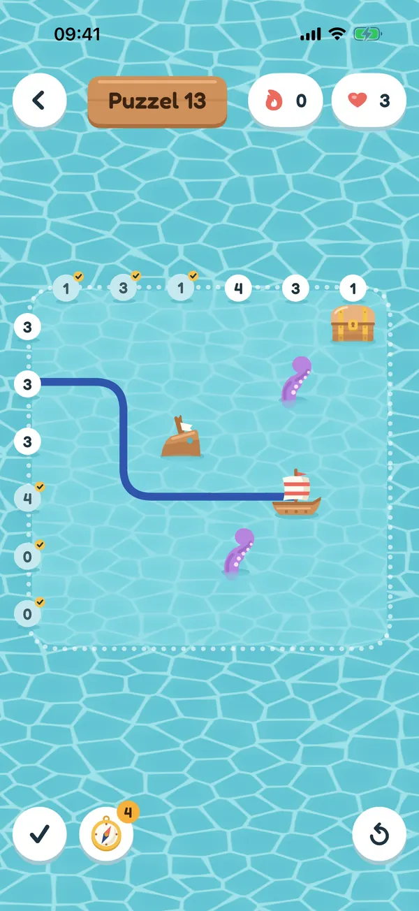 Een puzzel op de open zee: een blauwe route loopt vanaf het schip tussen de getallen langs de rand, langs een wrak en twee tentakels.