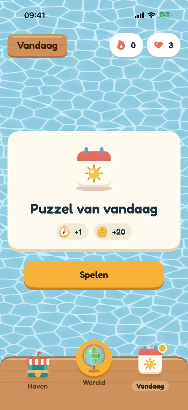 De puzzel van vandaag, met een kompas en twintig munten te verdienen en een knop Spelen.