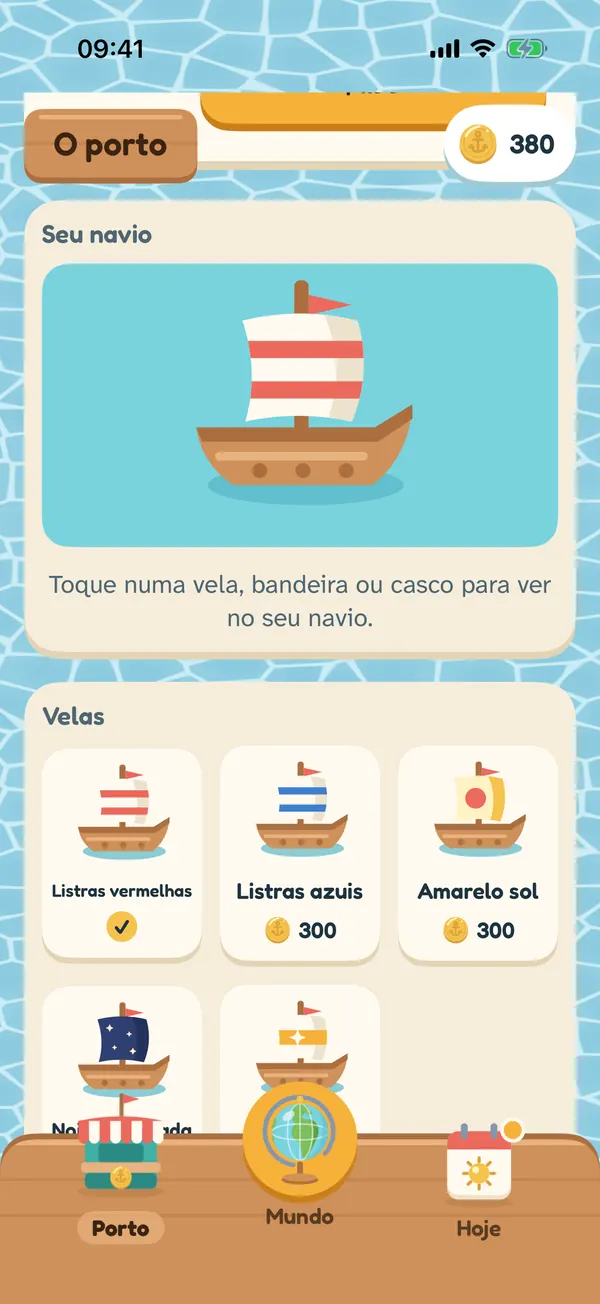 O porto, onde você escolhe uma vela para o seu navio, como Listras vermelhas, Listras azuis ou Amarelo sol.