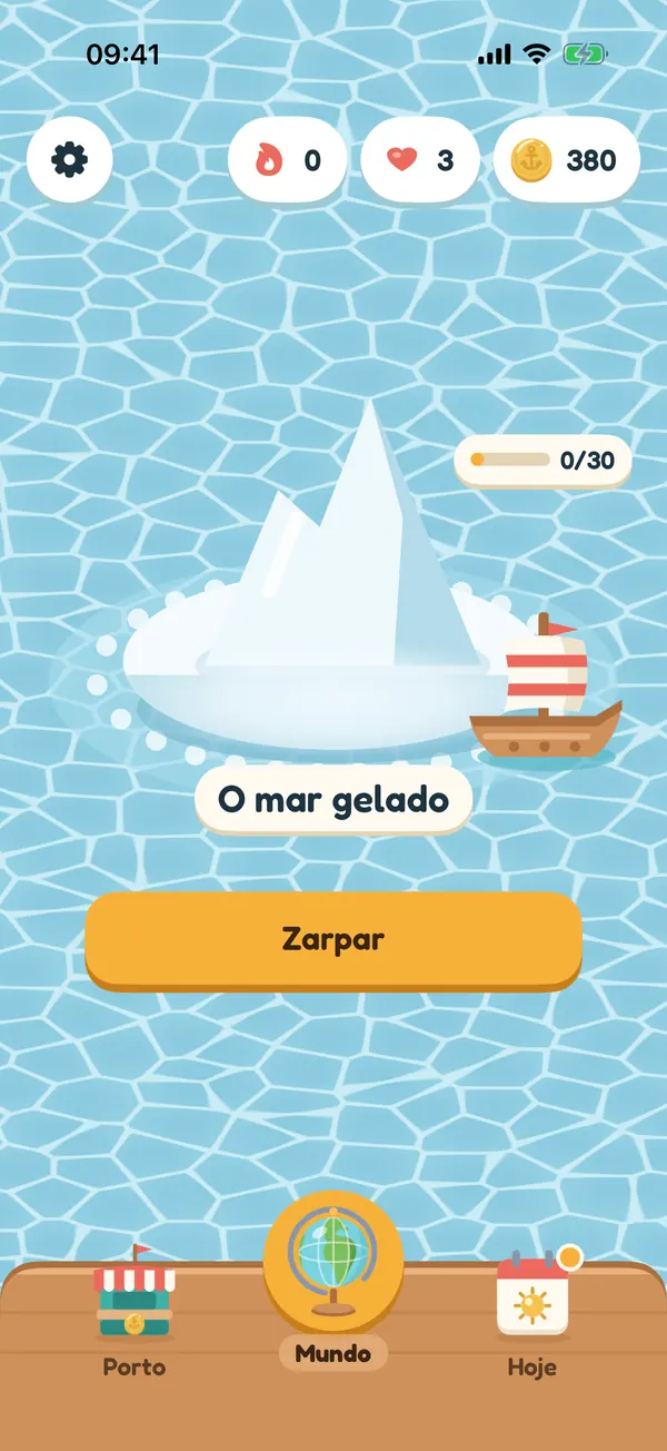 A tela inicial com a ilha do mar gelado, um botão Zarpar e as abas Porto, Mundo e Hoje.