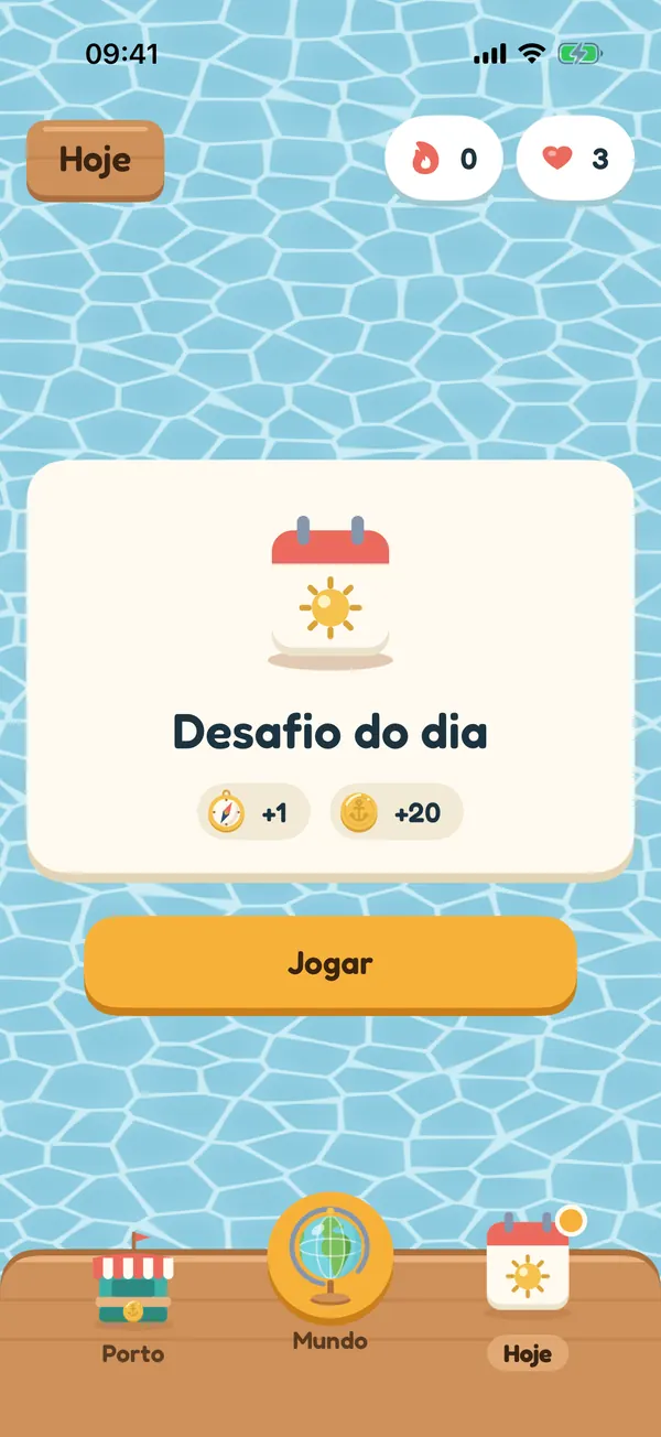 O desafio do dia, com uma bússola e vinte moedas para ganhar e um botão Jogar.