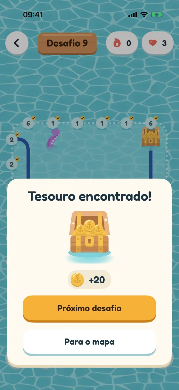 Tesouro encontrado: um baú aberto cheio de ouro e vinte moedas ganhas, com um botão para o próximo desafio.