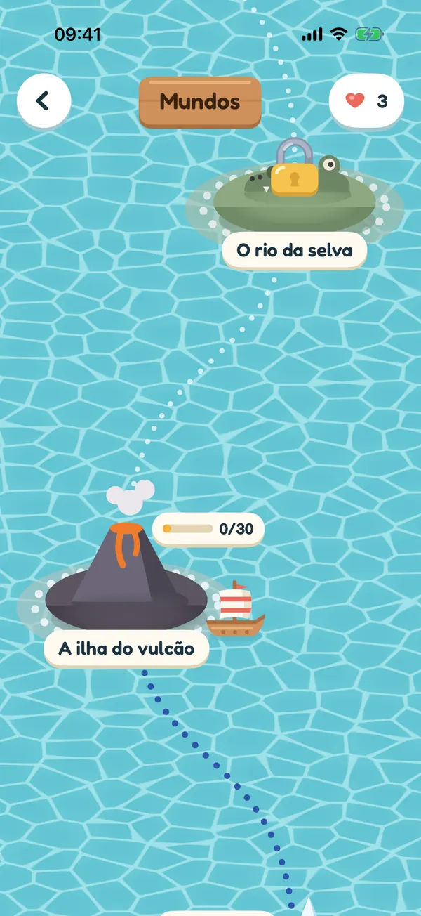 O mapa dos mundos, com a ilha do vulcão e o rio da selva, ainda trancado, ligados por uma linha pontilhada.